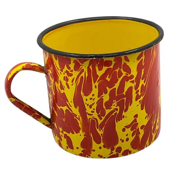 Orange Yellow Swirl Splatterware Graniteware Coffee Cup Enamel Mug Retro Kitchen - Picture 3 of 8